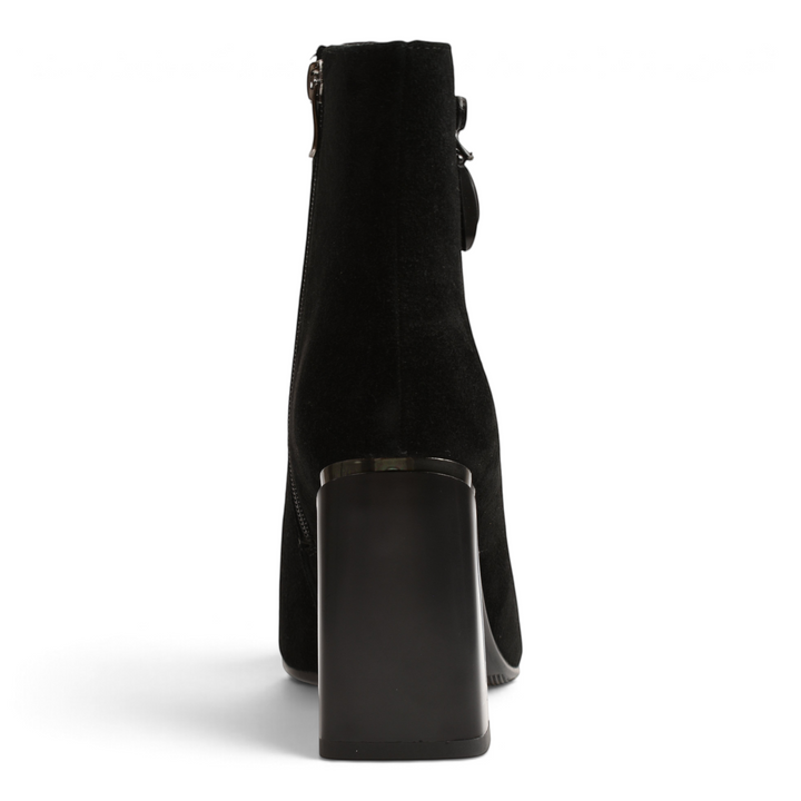 ada-shoes.ro Anna Viotti black suede ankle boots with a chunky architectural heel and side zipper, rear view