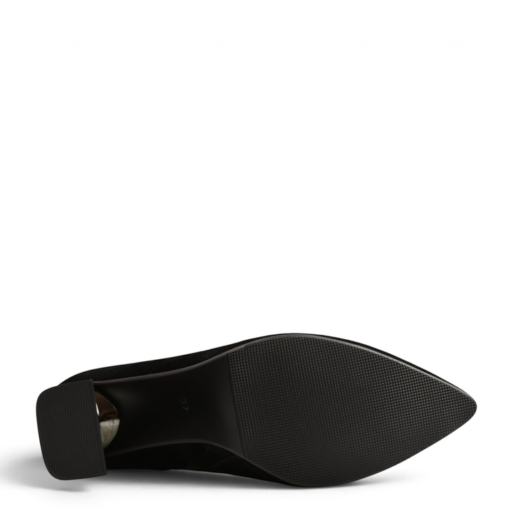 ada-shoes.ro Anna Viotti black suede ankle boot showing the textured sole and architectural block heel from below