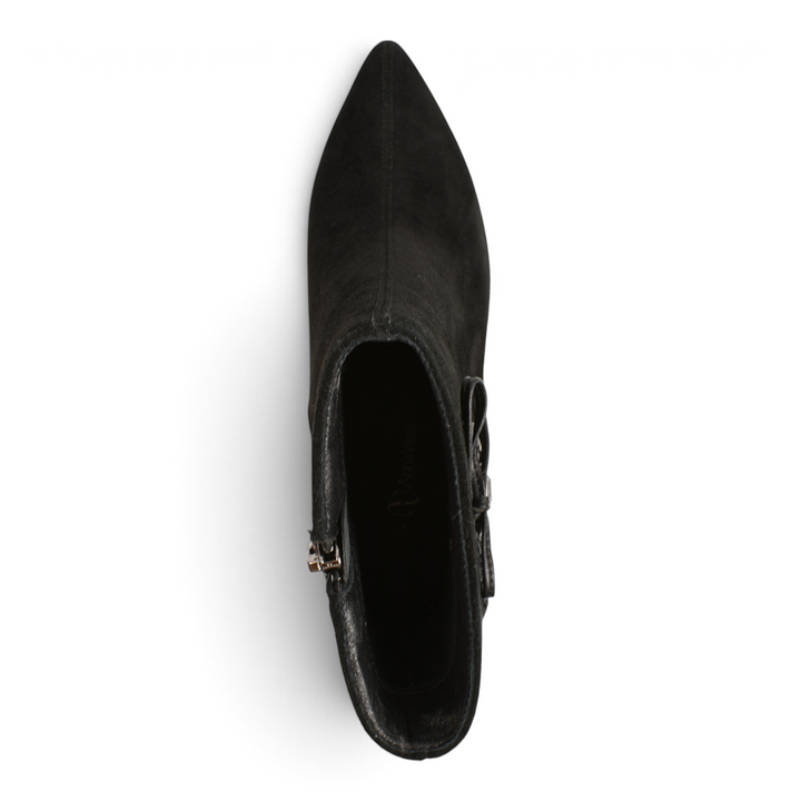 ada-shoes.ro Anna Viotti black suede ankle boots with a pointed toe and decorative bow detail viewed from above.