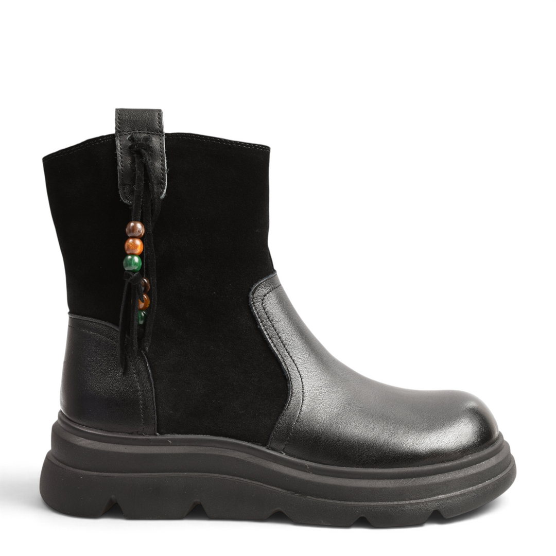 ada-shoes.ro black leather ankle boots with suede panels, side tassel detail, and thick lug sole for women