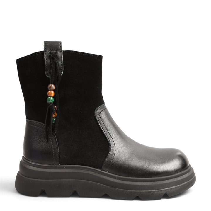 ada-shoes.ro black leather ankle boots with suede panels, side tassel detail, and thick lug sole for women