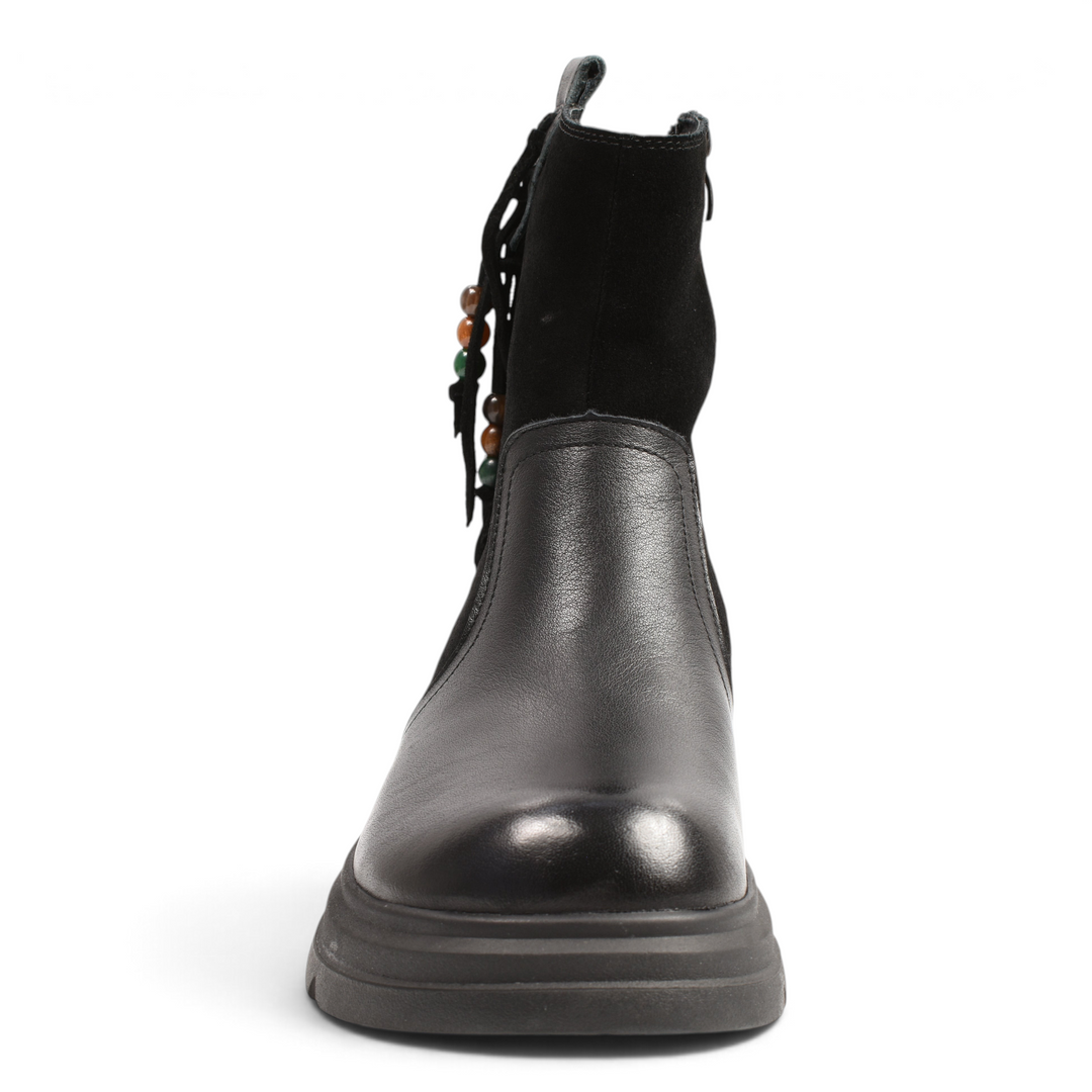 ada-shoes.ro black leather ankle boots with suede shaft, boho-chic leather tassels, and colorful beaded accents