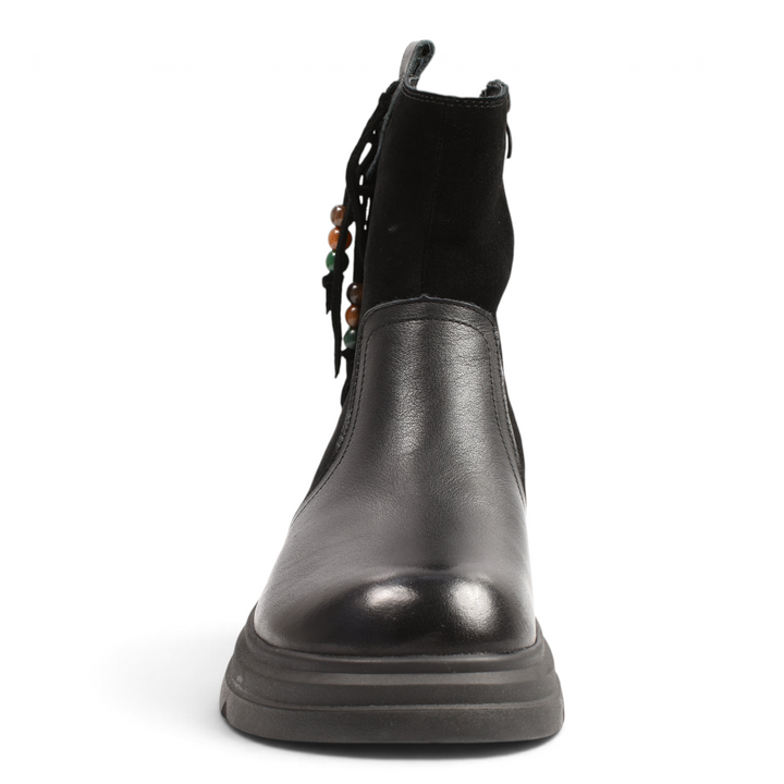 ada-shoes.ro black leather ankle boots with suede shaft, boho-chic leather tassels, and colorful beaded accents