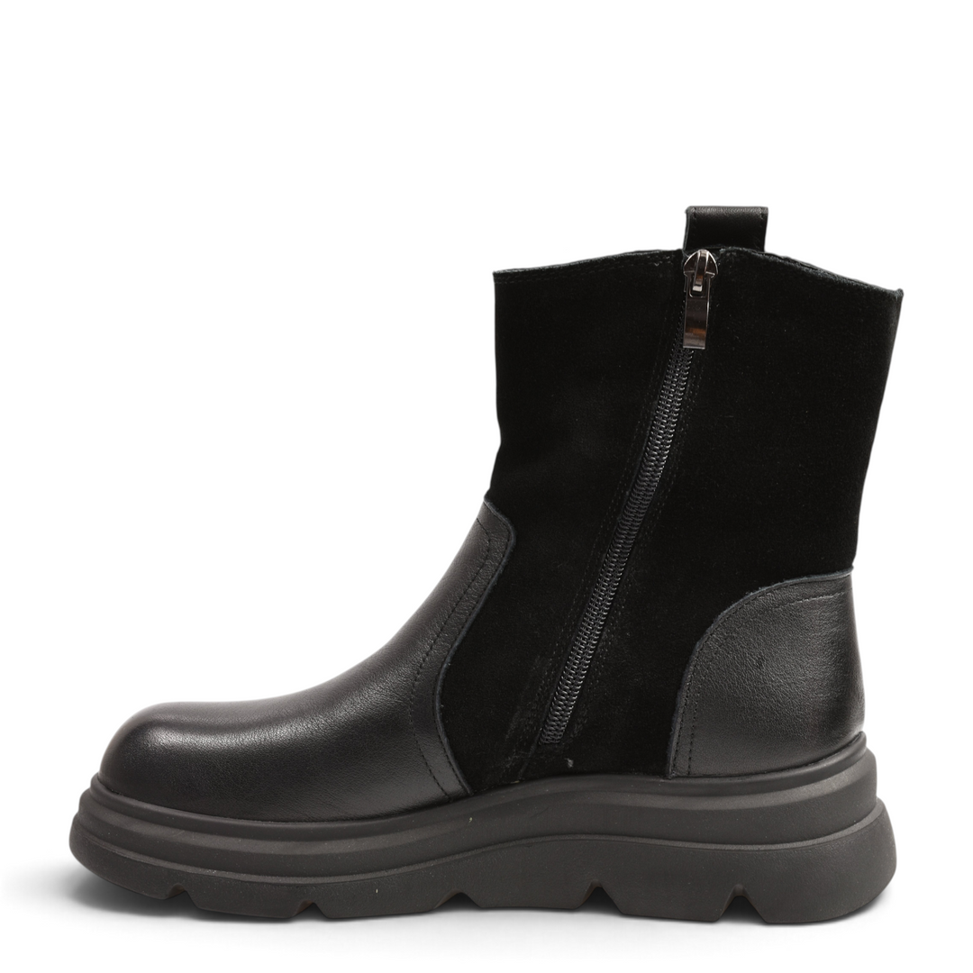 ada-shoes.ro black leather ankle boots with suede shaft, side zipper, and thick lug sole for casual boho-chic style