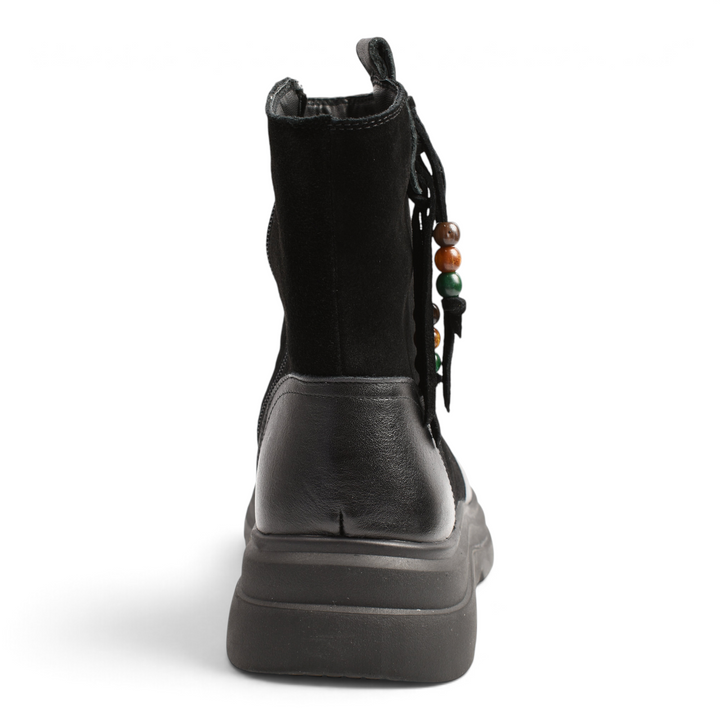 ada-shoes.ro black leather ankle boots with suede shaft, thick sole, and decorative beaded tassel side detail