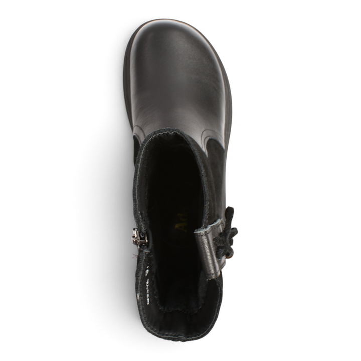 Top view of black Ada Shoes 98312-N leather boots with a side zipper and boho-chic tassel detail