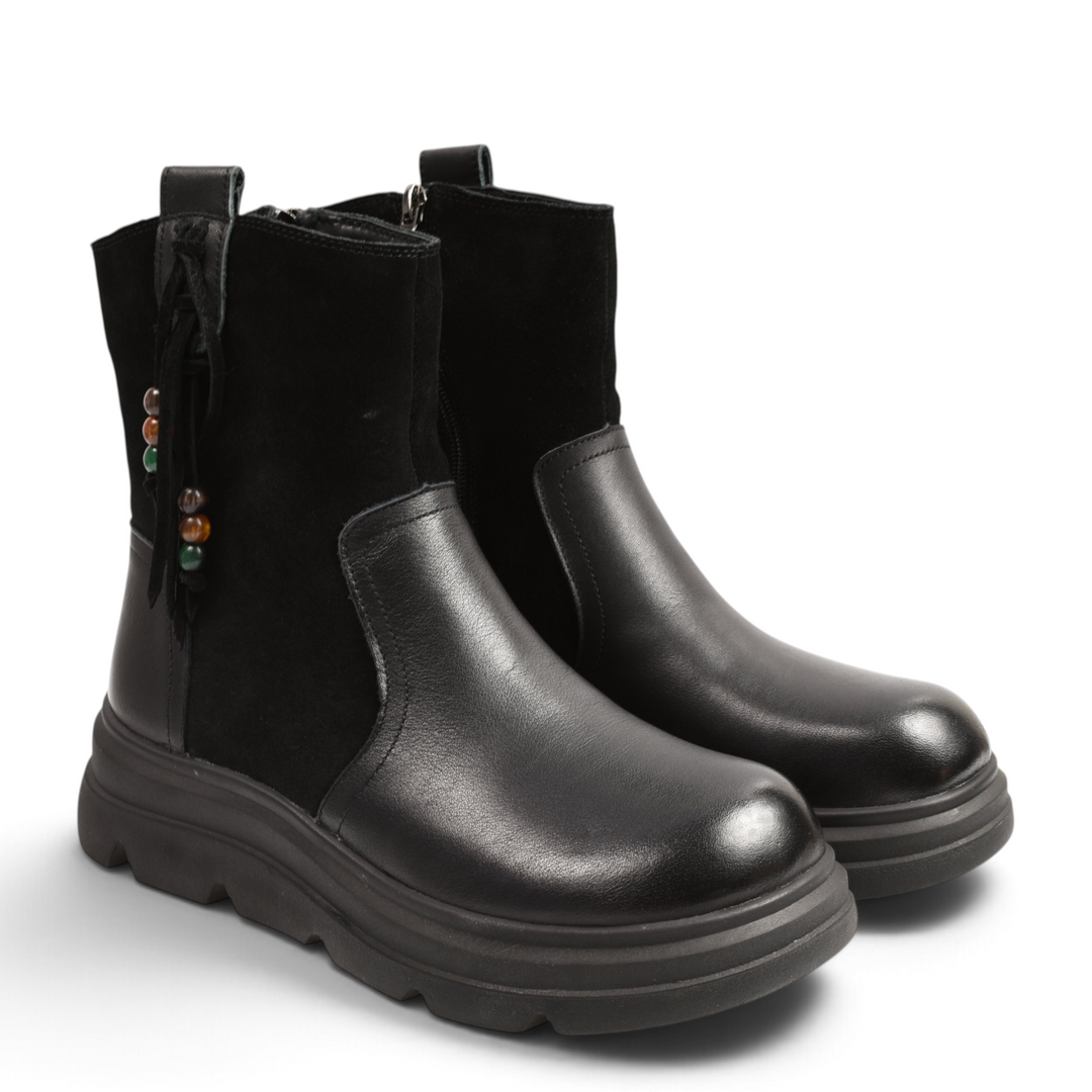 ada-shoes.ro black leather ankle boots with suede panels, side tassel detail with colorful beads, and thick sole
