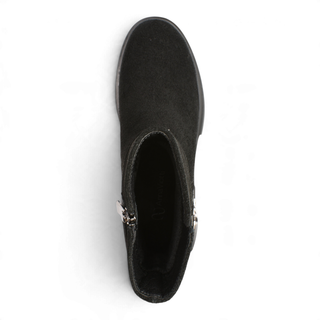 Top view of black suede Anna Viotti ankle boots with side zipper and decorative buckle from ada-shoes.ro