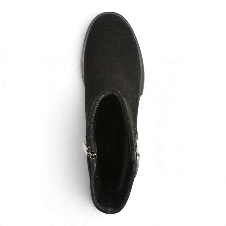 Top view of black suede Anna Viotti ankle boots with side zipper and decorative buckle from ada-shoes.ro