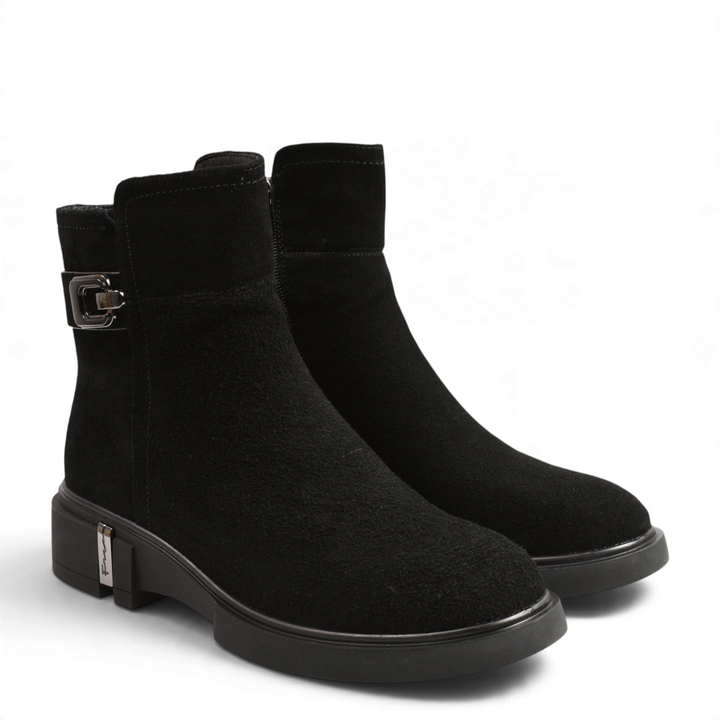 ada-shoes.ro Anna Viotti black suede ankle boots with a decorative buckle and thick rubber sole