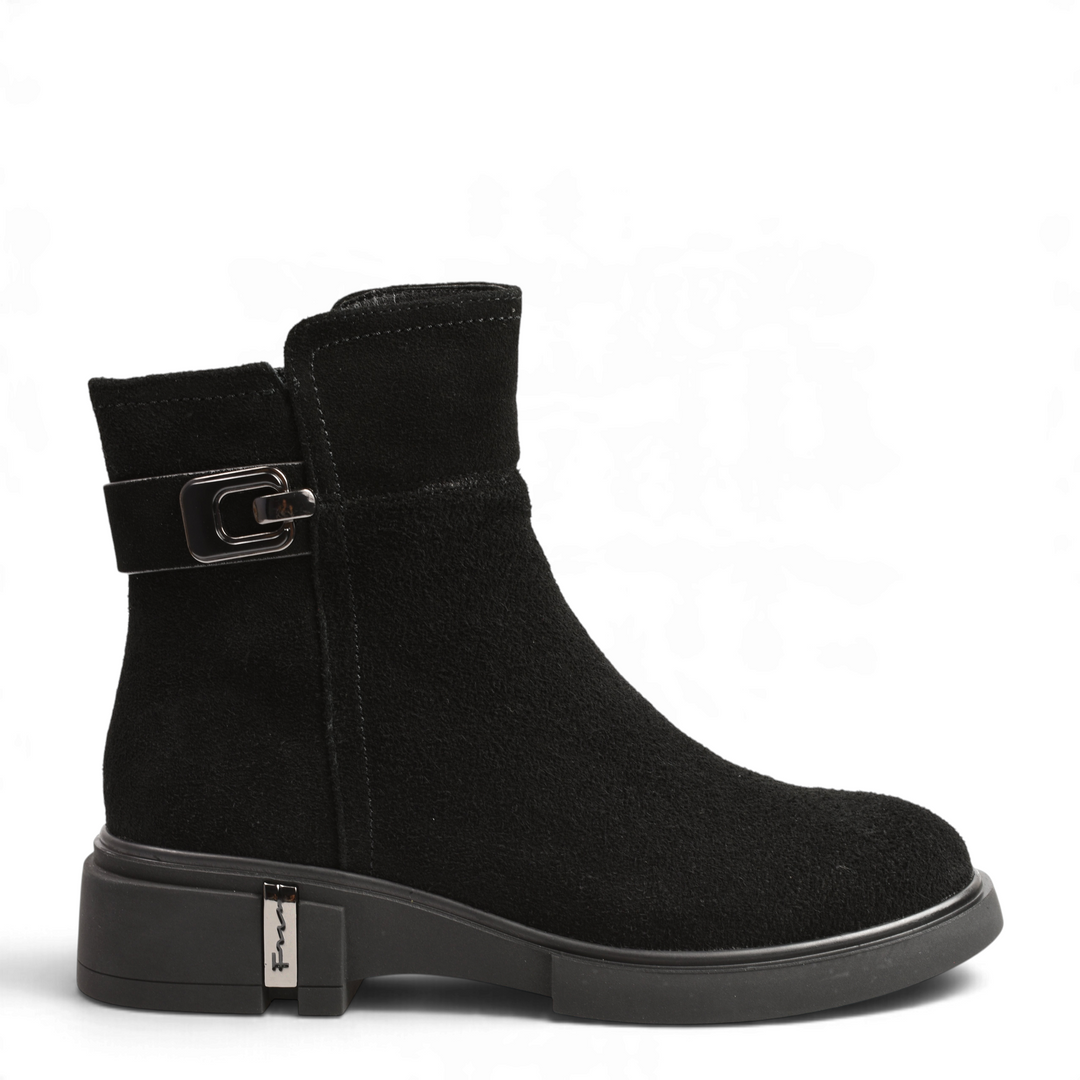 Anna Viotti black suede ankle boots with a decorative buckle strap and thick rubber sole from ada-shoes.ro