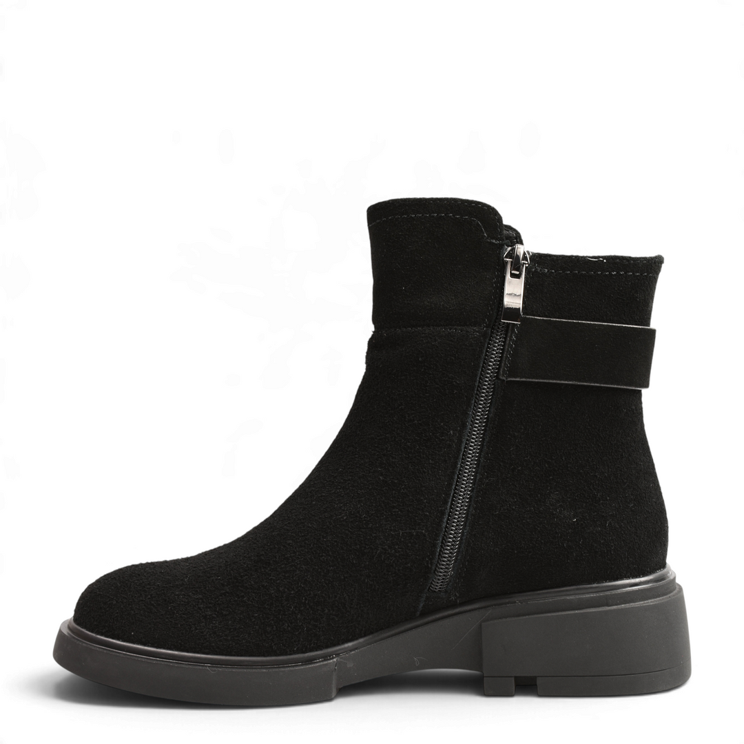 ada-shoes.ro Anna Viotti black suede ankle boots with side zipper, decorative strap, and chunky rubber sole