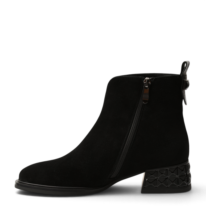 ada-shoes.ro black suede ankle boots with a geometric textured mid-heel and side zipper closure.
