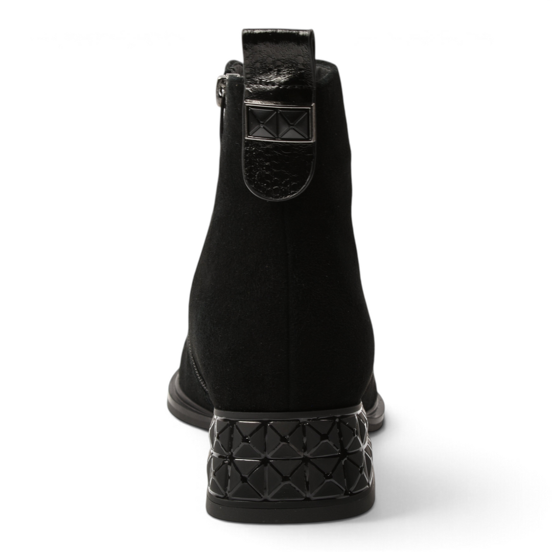 ada-shoes.ro black suede ankle boots with a geometric 3D textured heel and decorative back tab, rear view.