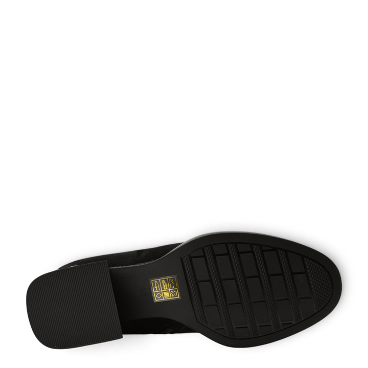 ada-shoes.ro black suede ankle boot sole with geometric tread pattern and block heel view from below