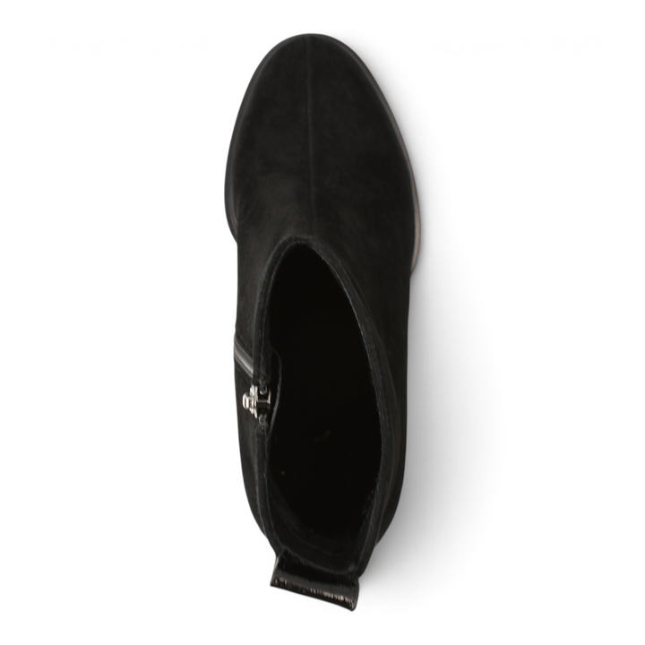 Top view of black suede ankle boots from ada-shoes.ro with a minimalist design and side zipper closure.