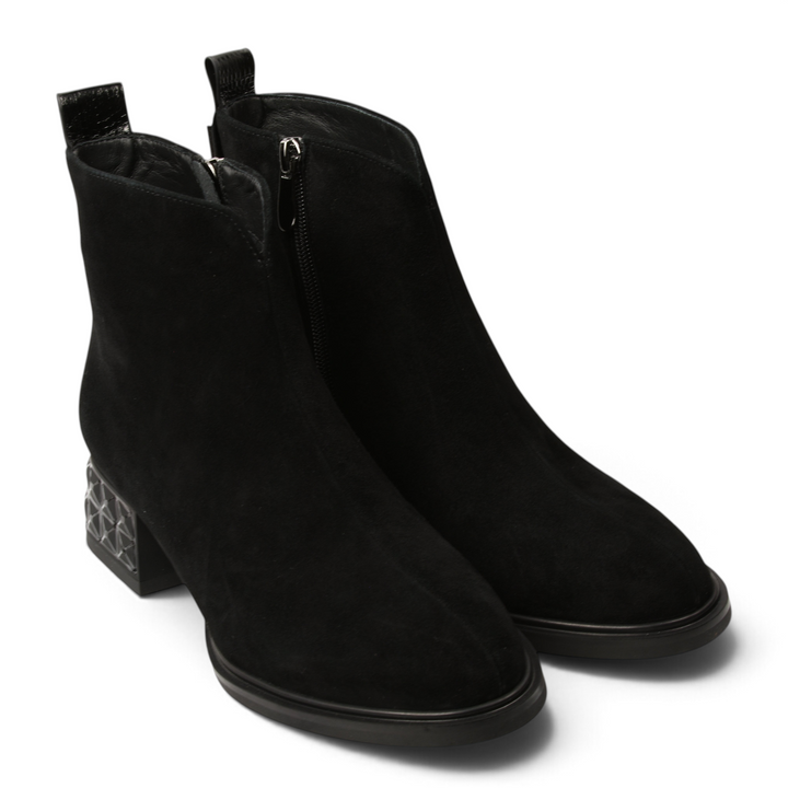 ada-shoes.ro black suede ankle boots with a geometric textured block heel and side zipper closure.