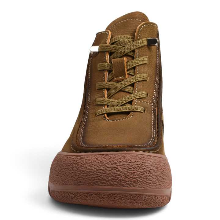 ada-shoes.ro khaki nubuck leather ankle boots with thick brown textured sole and front lace-up closure