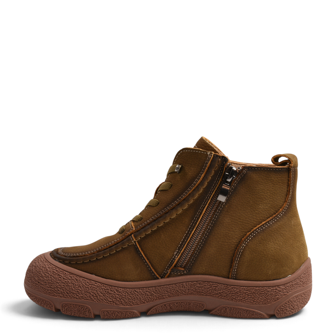 ada-shoes.ro khaki nubuck leather ankle boots with side zipper, front laces, and thick textured brown rubber sole