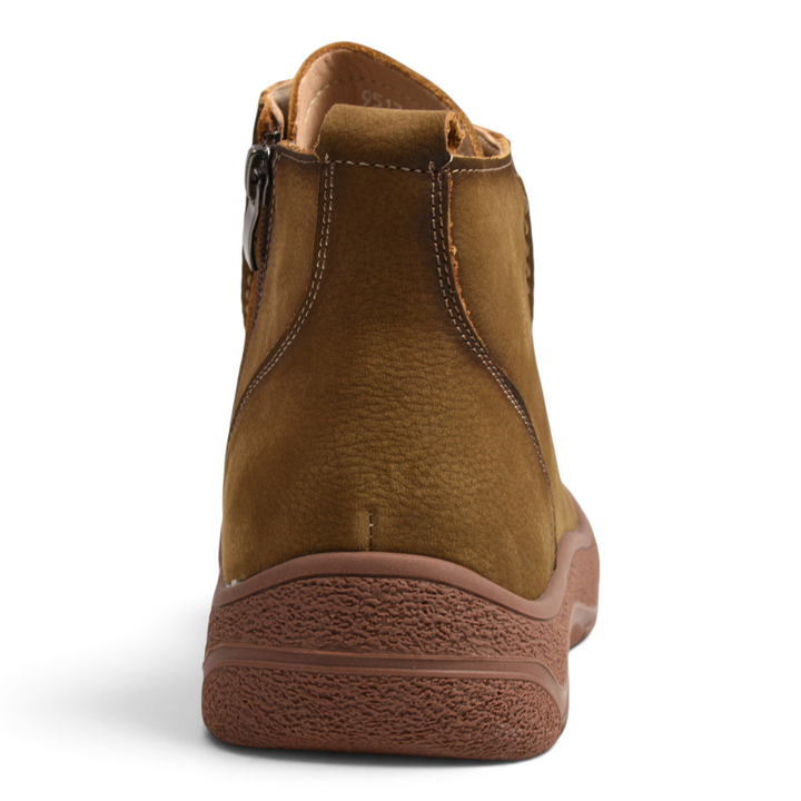 Back view of khaki nubuck leather ankle boots by ada-shoes.ro with thick brown textured sole and heel pull tab