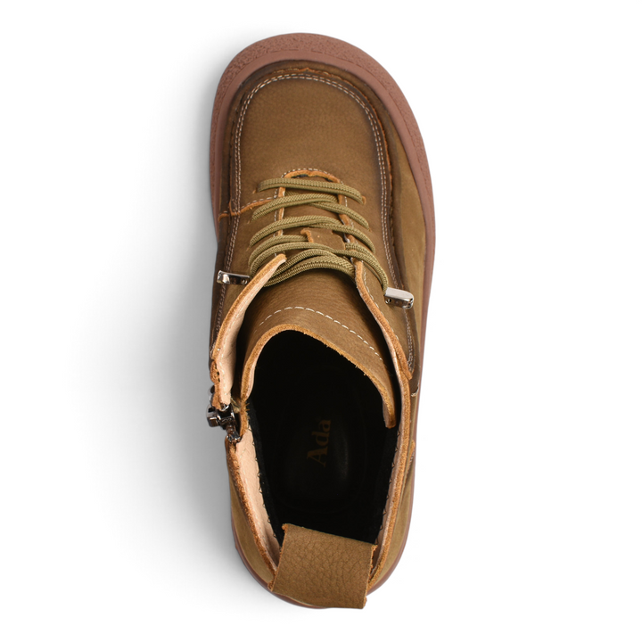 ada-shoes.ro khaki nubuck leather ankle boots with laces, side zipper, and thick brown sole, top-down view