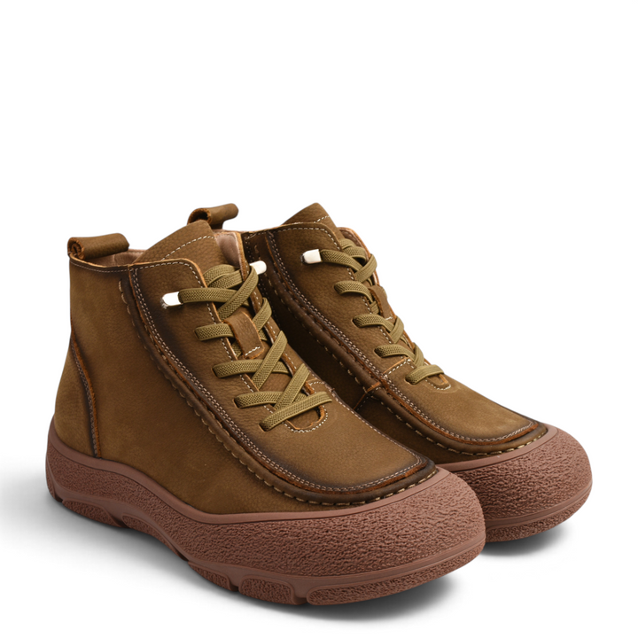 ada-shoes.ro khaki nubuck leather ankle boots with thick textured soles, front laces, and side zipper closure.