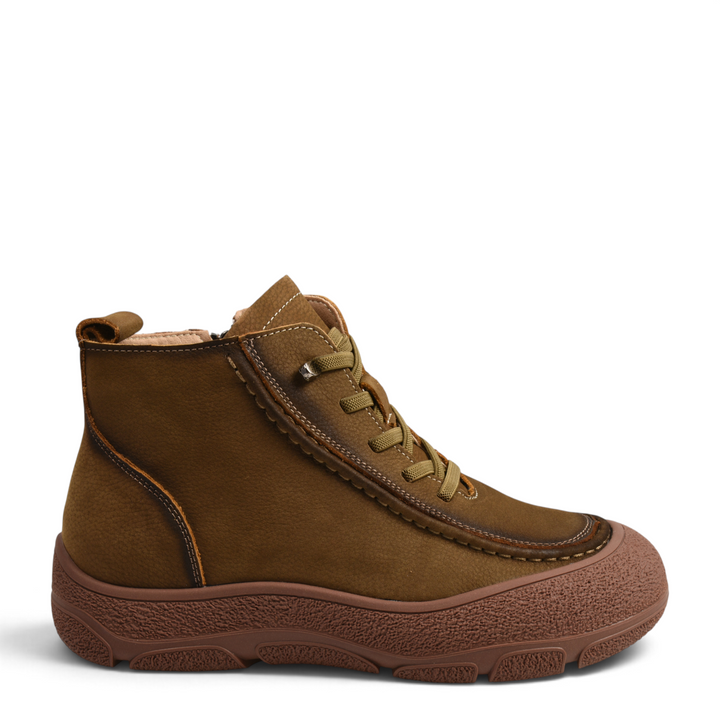 ada-shoes.ro khaki nubuck leather ankle boots with thick brown rubber sole and lace-up closure