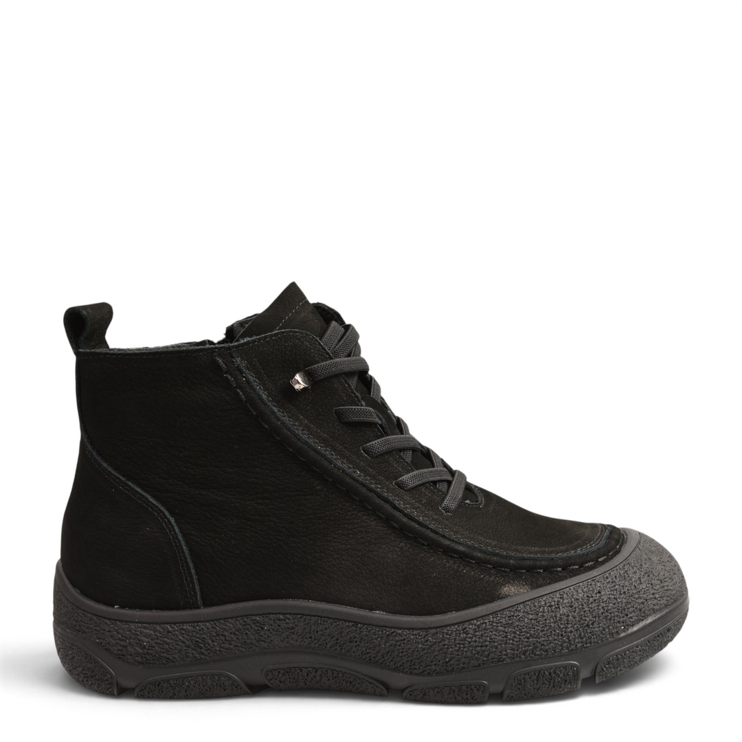 ada-shoes.ro black nubuck leather ankle boots with thick rubber sole, laces, and side zipper for women