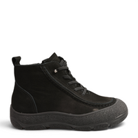 ada-shoes.ro black nubuck leather ankle boots with thick rubber sole, laces, and side zipper for women