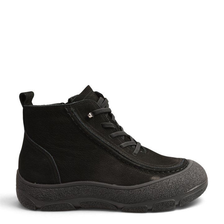 ada-shoes.ro black nubuck leather ankle boots with thick rubber sole, laces, and side zipper for women