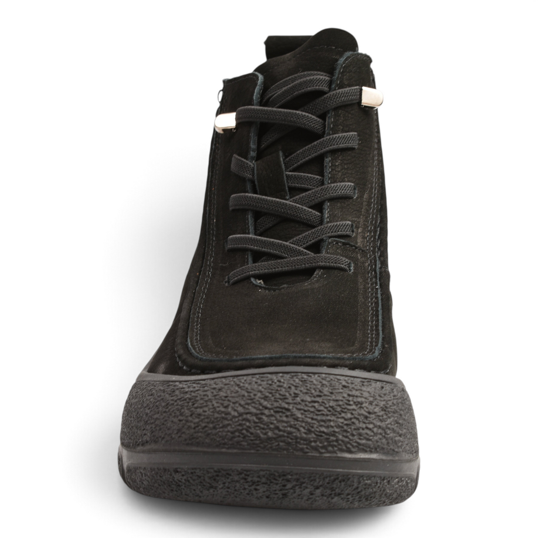 ada-shoes.ro black nubuck leather ankle boots with front laces, thick textured rubber sole, and urban-outdoor design