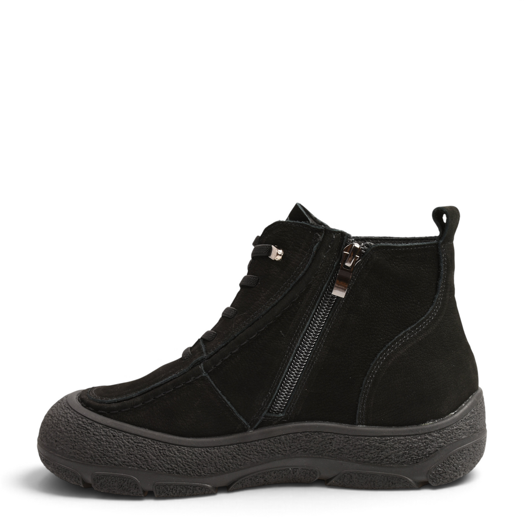 ada-shoes.ro black nubuck leather ankle boots with side zipper, laces, and thick textured rubber sole, side view