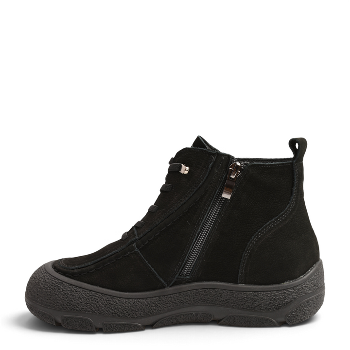 ada-shoes.ro black nubuck leather ankle boots with side zipper, laces, and thick textured rubber sole, side view