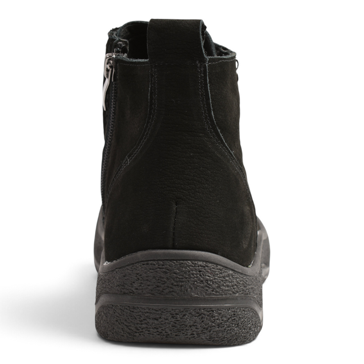 Back view of black nubuck leather Ada Shoes 9517-N ankle boots with a thick textured rubber sole and heel pull tab.