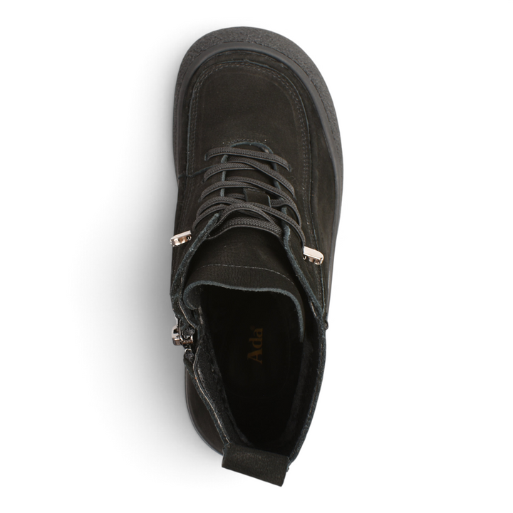 Top view of black nubuck leather Ada Shoes 9517-N ankle boots with laces and side zipper on a white background