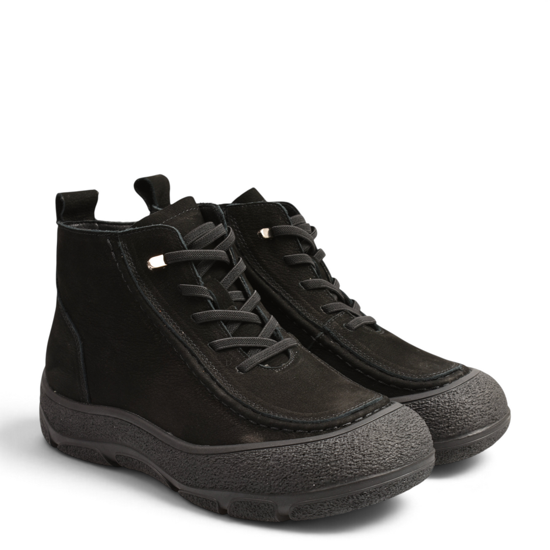 ada-shoes.ro black nubuck leather ankle boots with thick rubber soles, front laces, and side zippers.