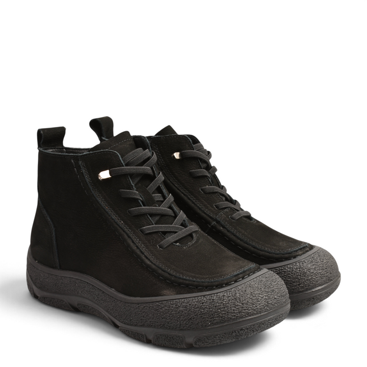 ada-shoes.ro black nubuck leather ankle boots with thick rubber soles, front laces, and side zippers.