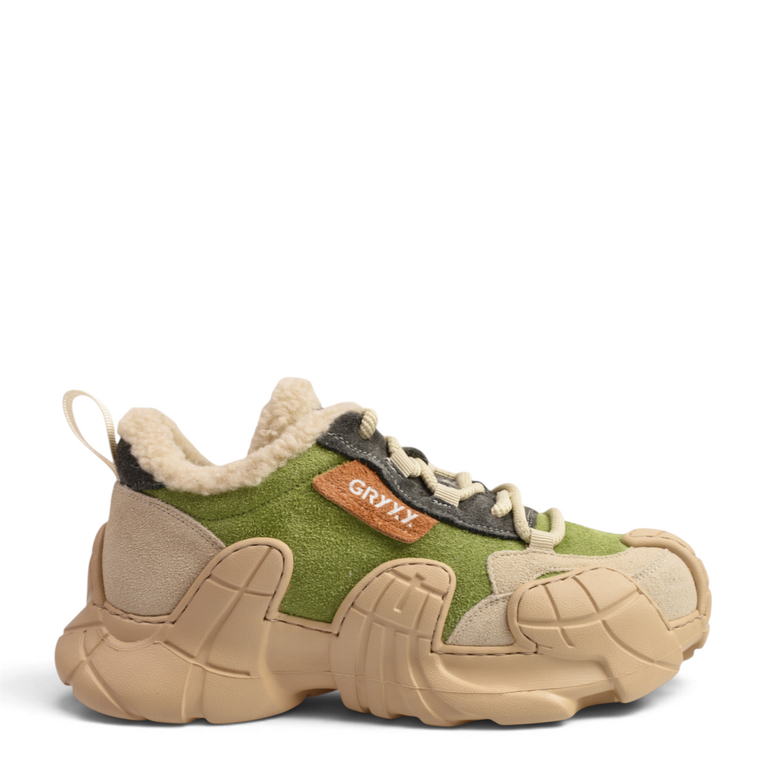 ada-shoes.ro Gryxx sneaker boots in beige and olive green suede with a chunky sole and faux fur collar