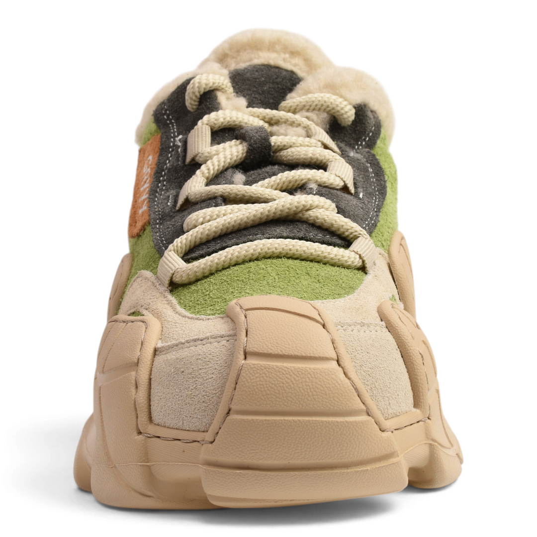 ada-shoes.ro Gryxx ZM90001C-B sneaker boots in beige and olive green suede with chunky sole and faux fur collar