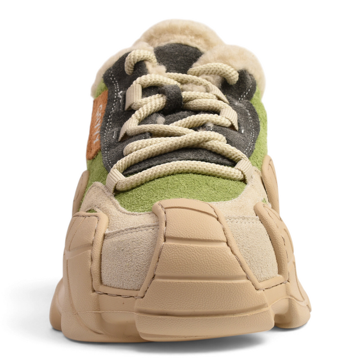 ada-shoes.ro Gryxx ZM90001C-B sneaker boots in beige and olive green suede with chunky sole and faux fur collar