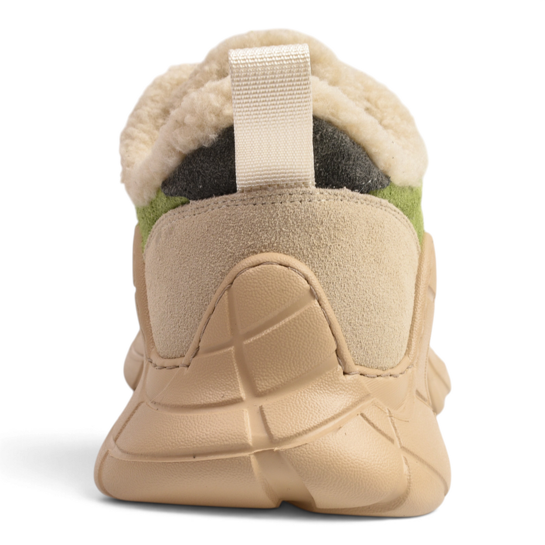 ada-shoes.ro Gryxx sneaker boot in beige and green suede with a fluffy faux fur collar and chunky sculptural sole