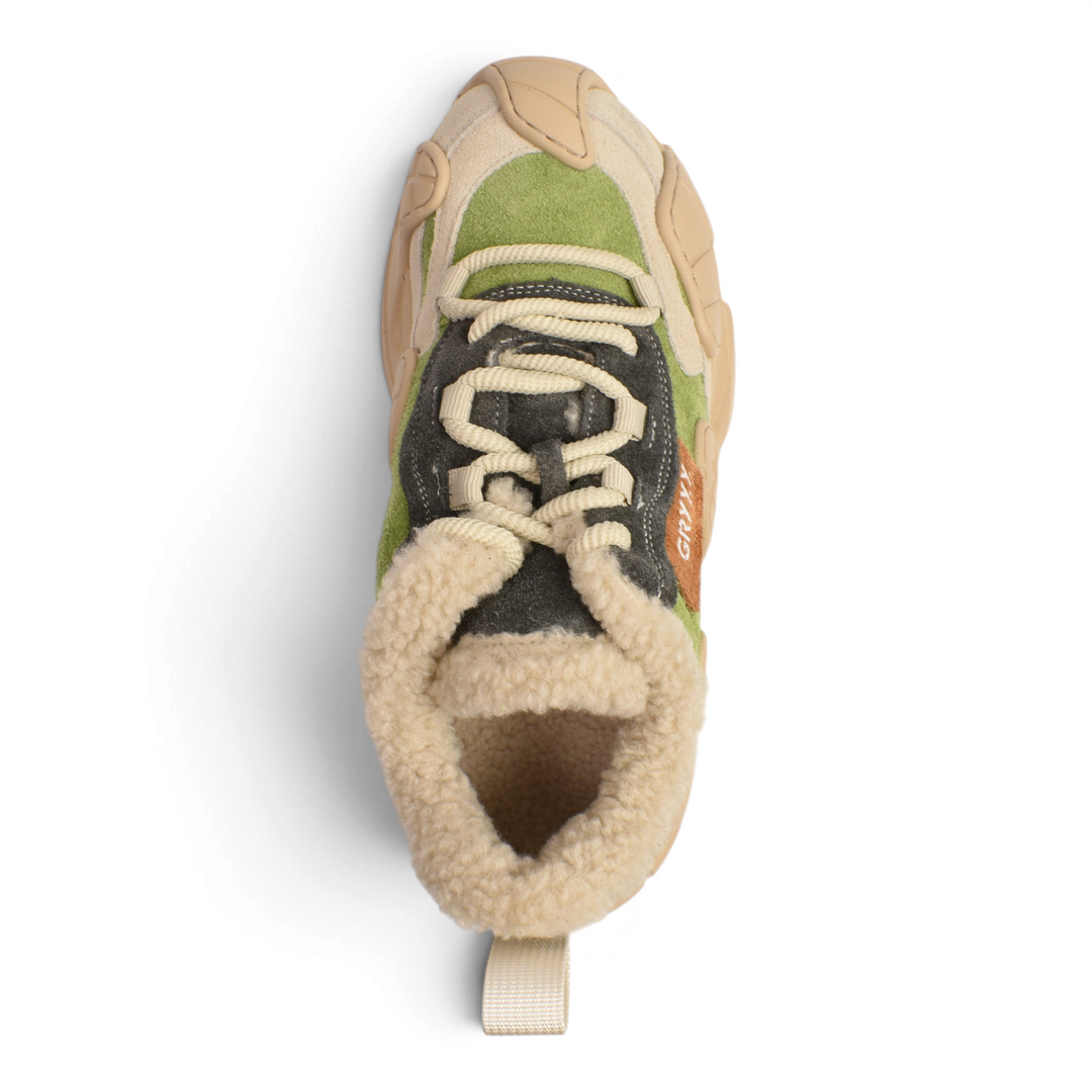 ada-shoes.ro Gryxx sneaker boots in beige, green, and grey suede with a fluffy faux fur collar and chunky sole.