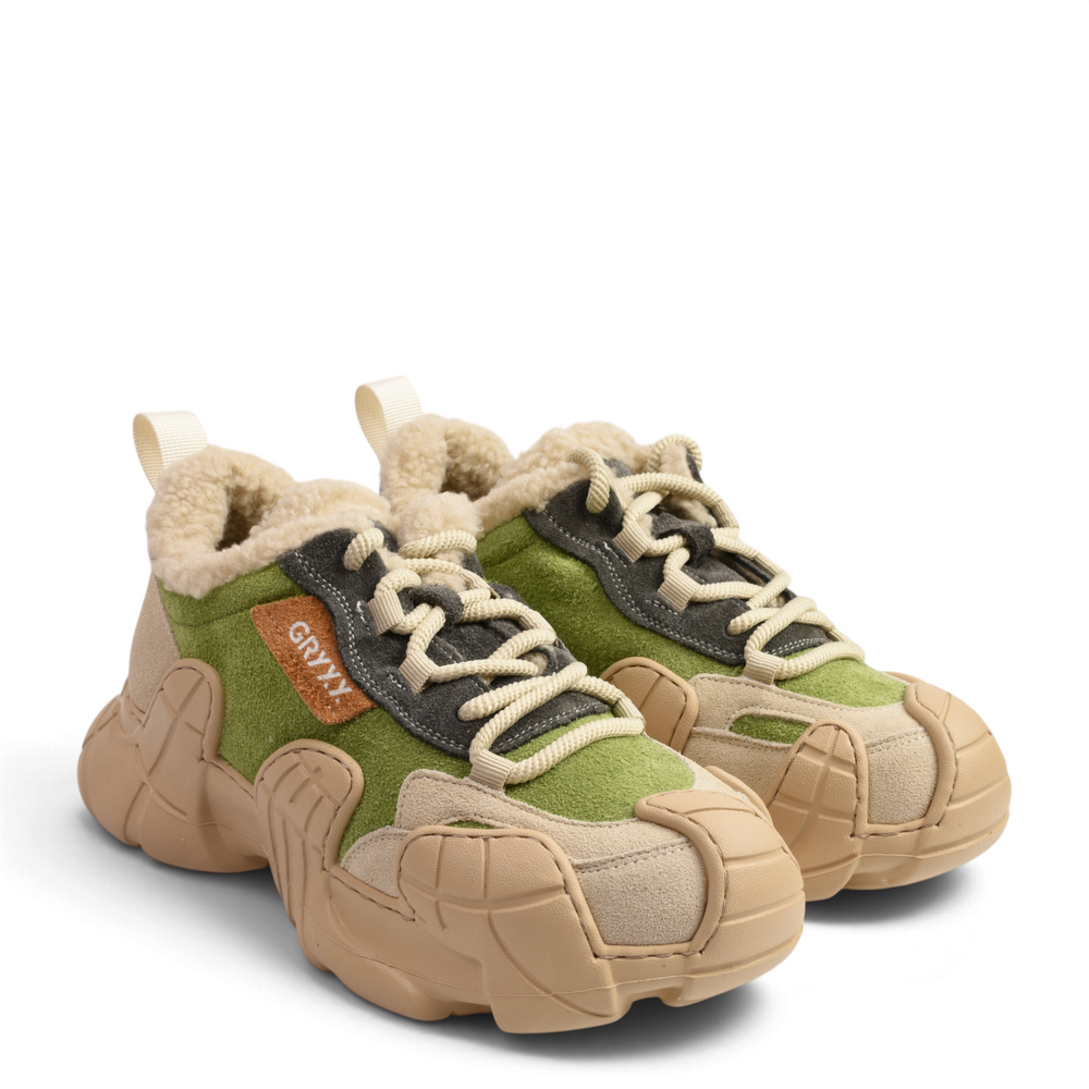 ada-shoes.ro Gryxx ZM90001C-B women's sneaker boots in beige and olive green suede with faux fur collar and chunky sole