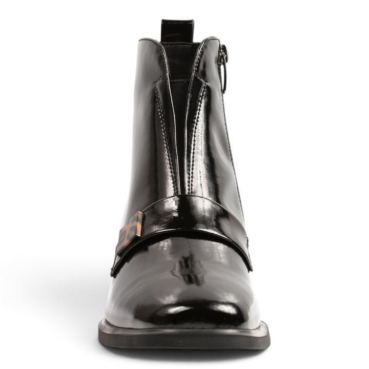 ada-shoes.ro Epica black patent leather ankle boots with leopard print strap detail and square block heel
