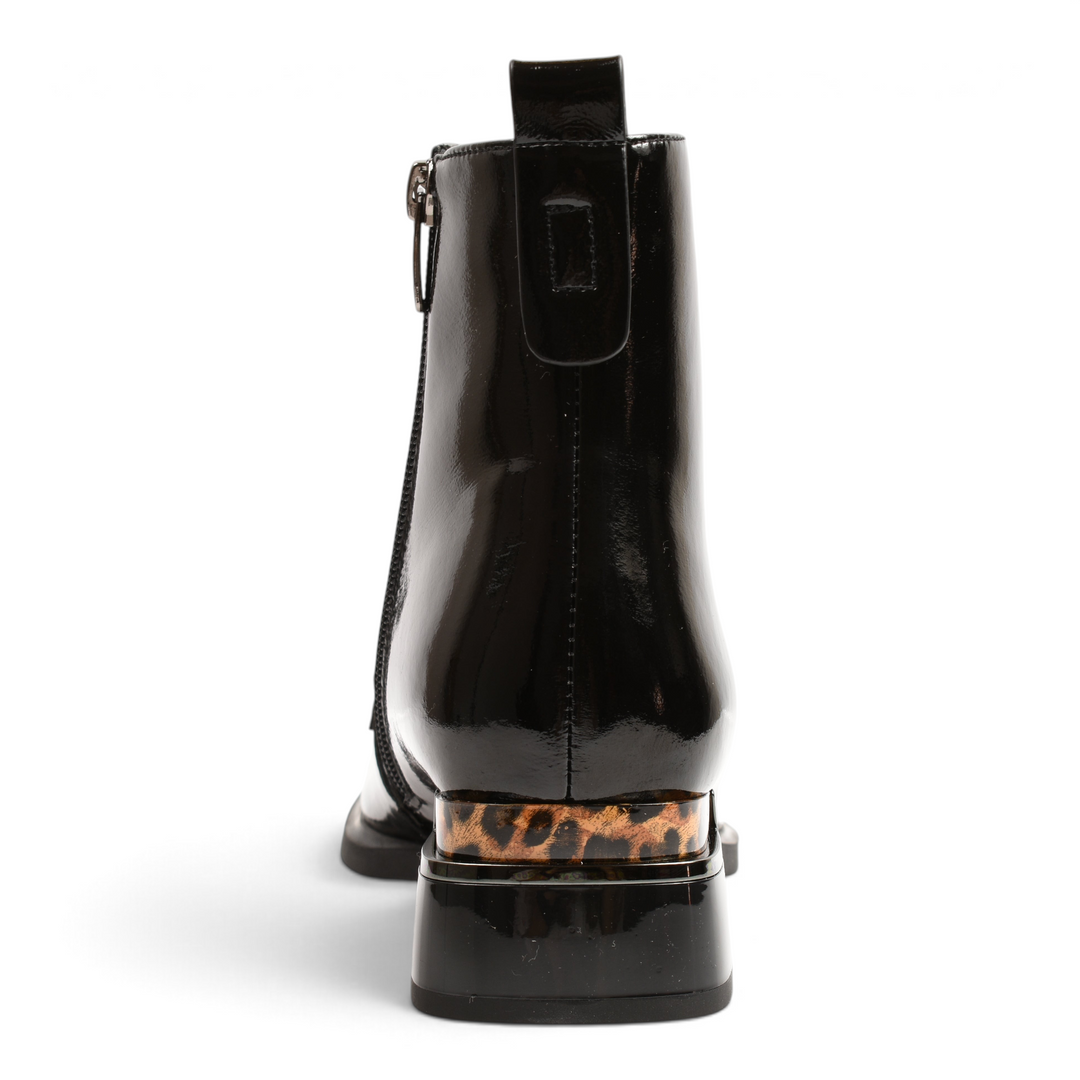 ada-shoes.ro black patent leather ankle boots with a square heel featuring a leopard print detail, rear view