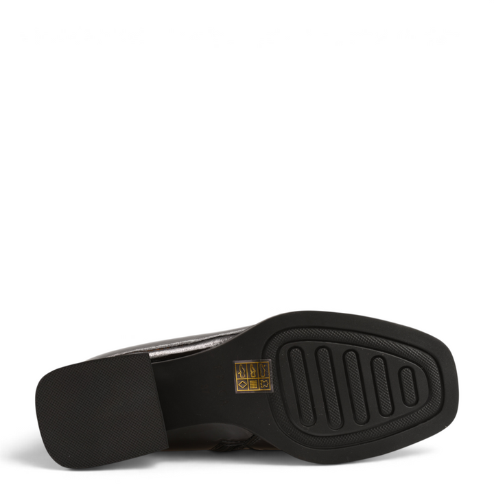 Black sole of an Epica boot featuring a square heel and textured tread pattern on a white background