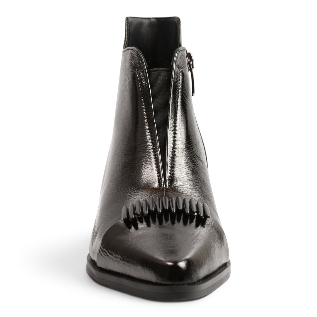 ada-shoes.ro Epica black patent leather ankle boots with a square toe, low block heel, and decorative front fringe detail.