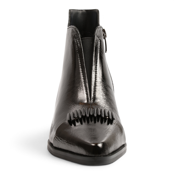 ada-shoes.ro Epica black patent leather ankle boots with a square toe, low block heel, and decorative front fringe detail.