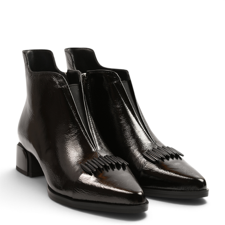 ada-shoes.ro Epica black patent leather ankle boots with a square toe, low block heel, and decorative fringe detail.