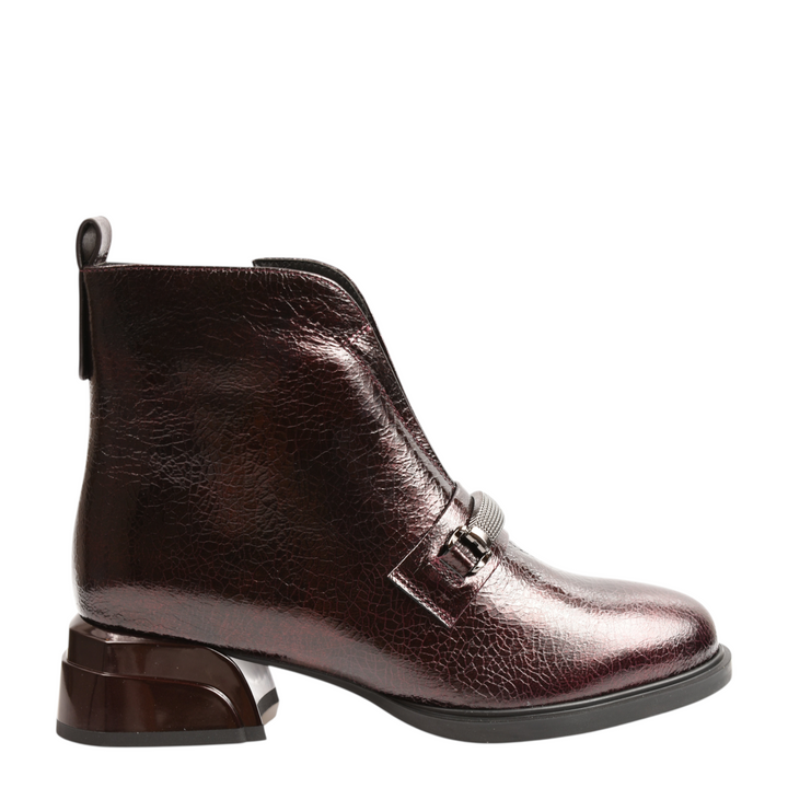 ada-shoes.ro Epica burgundy patent leather ankle boots with a metallic buckle strap and architectural block heel